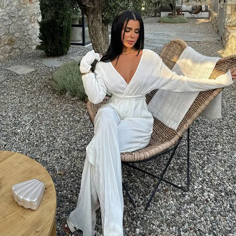 Women Plus Size Pleated Two Piece Set Long Sleeve Wrap Top And Wide Leg Pants Casual Solid Color Lounge Outfit