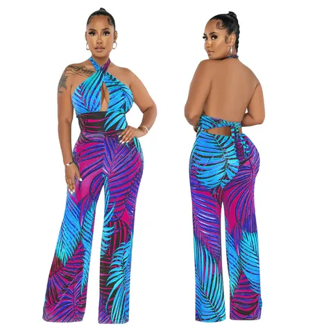 Damen Sexy Halter Rückenfrei Tropische Palme Blatt Druck Jumpsuit Weites Bein Ausschnitt Ärmellos Polyester Urlaub Jumpsuit