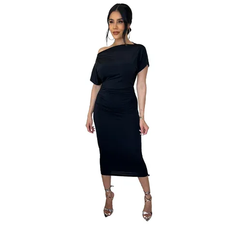 One Shoulder Ruched Bodycon Midi Dress For Women Sexy Solid Color Polyester Slim Fit Party Cocktail Sheath Dress K10150