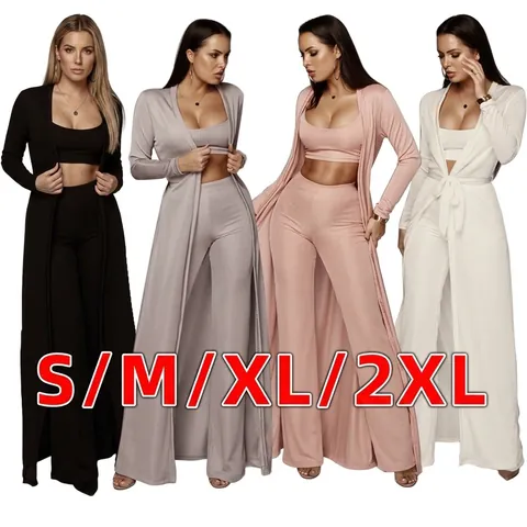Women European Style 3-Piece Ribbed Knit Lounge Set Long Cardigan Crop Top And Wide Leg Pants Solid Color Elastic Suits