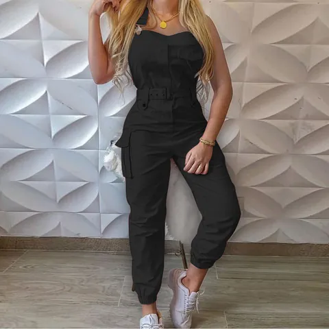 Women Strapless Cargo Jumpsuit Polyester Multi Pocket Single Breasted Belted Sexy Fashion Casual Solid Color Long Jumpsuit