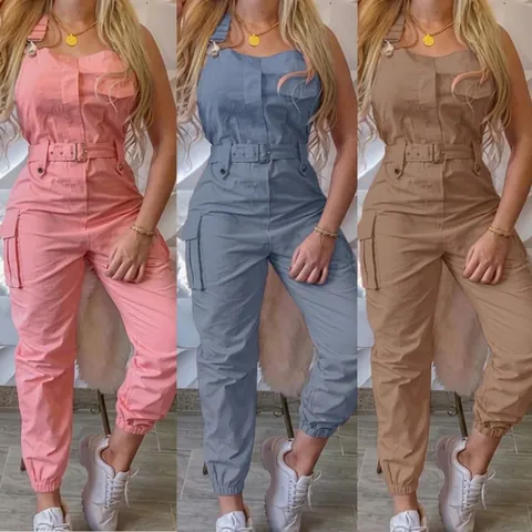 Women Strapless Cargo Jumpsuit Polyester Multi Pocket Single Breasted Belted Sexy Fashion Casual Solid Color Long Jumpsuit