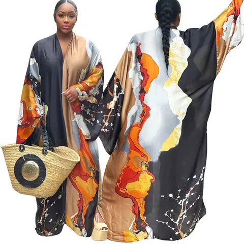 Dames Western Stijl Bedrukte Kimono Trenchcoat Casual Losse Lange Mouw Satijnen Robe Cover-Up Boho Strand Bovenkleding Top