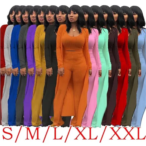 Women Sexy Ribbed Three Piece Outfit Long Cardigan Open Front Coat Crop Top And High Waisted Long Pants Stretchy Lounge Set