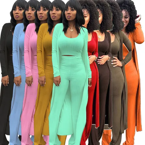 Women Sexy Ribbed Three Piece Outfit Long Cardigan Open Front Coat Crop Top And High Waisted Long Pants Stretchy Lounge Set