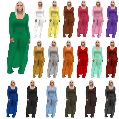 Ensemble 3 Pièces pour Femmes en Maille Nervurée Haute Élasticité Cardigan Long Crop Top Caraco et Pantalon Large Taille Haute