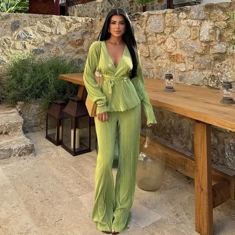 Women Pleated Top And Bottom Elegant V-Neck Long Sleeve Wrap Top Wide Leg Pants Casual Outfits Loungewear Co-ords