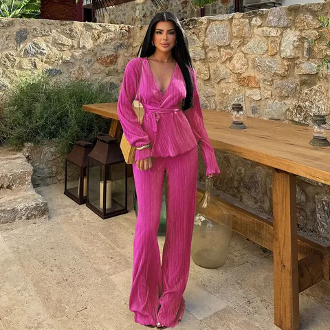 Women Pleated Top And Bottom Elegant V-Neck Long Sleeve Wrap Top Wide Leg Pants Casual Outfits Loungewear Co-ords