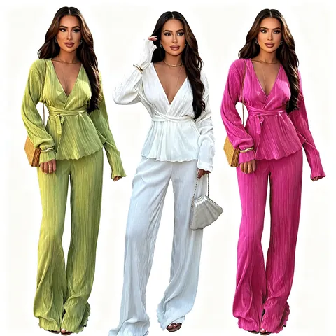 Women Plus Size Pleated Two Piece Set Long Sleeve Wrap Top And Wide Leg Pants Casual Solid Color Lounge Outfit