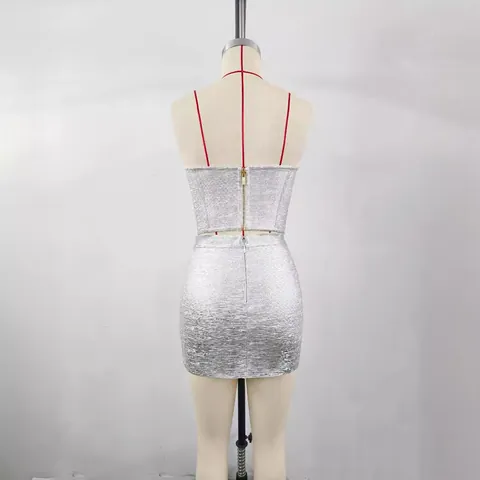 Women Sexy Metallic Silver Foil Boned Corset Top And Mini Skirt Set Slim Fit Party Outfit Two Piece Skirt Set
