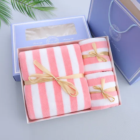 Soft Coral Fleece Towel Gift Set Striped Water Ripple Absorbent Bath Face Towels Wedding Anniversary Party Favors Guests