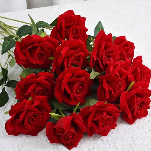 Artificial Velvet Rose Flower Long Stem Simulated Rose Wedding Party Home Decor Faux Floral Arrangement Valentine Gift