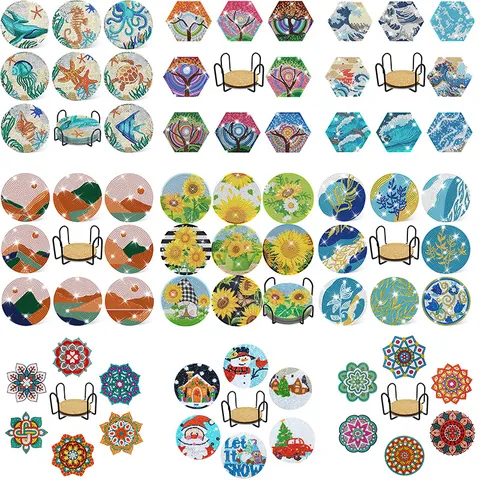 DIY Diamond Painting Coasters Acrylic Cork Bottom Table Mats With Metal Holder For Home Kitchen Decor Mandala Flower Patterns