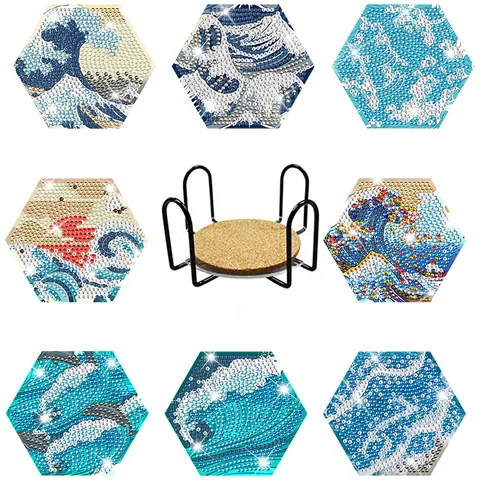 DIY Diamond Painting Coasters Acrylic Cork Bottom Table Mats With Metal Holder For Home Kitchen Decor Mandala Flower Patterns