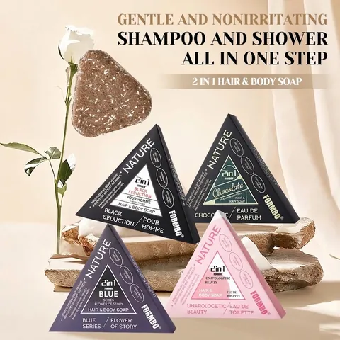 FORMBO Jabón Triangular de Hierbas 2 en 1 para Cabello y Cuerpo Control de Aceite Hierba Usman Champú Sólido Extracto de Planta Natural