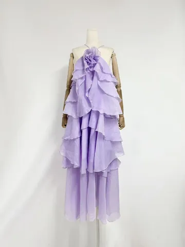 French Elegant 3D Floral Ruffle Irregular Maxi Dress Women Sleeveless Halter Pleated Tiered Chiffon Party Beach Dress