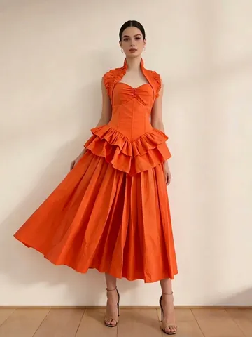 Vestido Largo Maxi de Capas de Poliéster con Cuello Halter para Mujer Elegante Plisado Corsé Empalmado Color Sólido