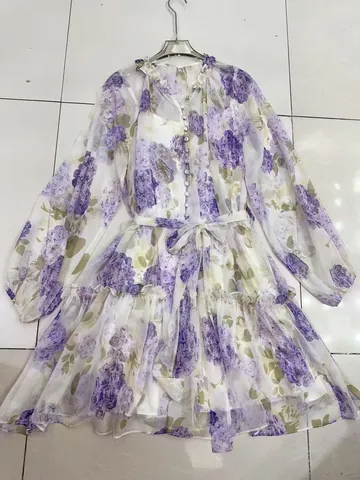 Elegant Women V-Neck Lantern Sleeve Patchwork Maxi Dress Floral Leopard Print Button Up Belted Bohemian Long Dress Polyester