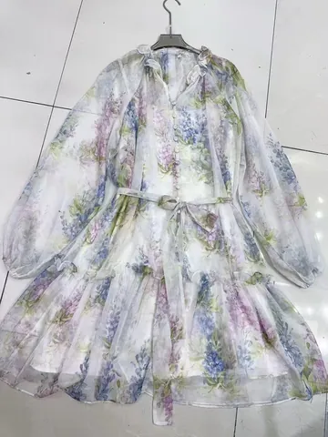 Elegant Women V-Neck Lantern Sleeve Patchwork Maxi Dress Floral Leopard Print Button Up Belted Bohemian Long Dress Polyester