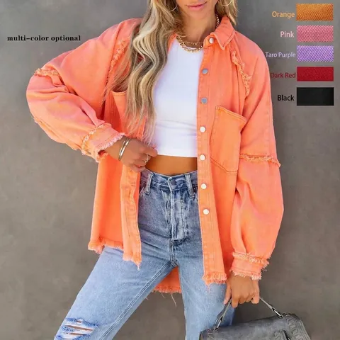 Giacca di Jeans da Donna Casual Con Orlo Sfrangiato Manica Lunga Cappotto in Denim Oversize Lunghezza Media in Cotone Lavato Capispalla