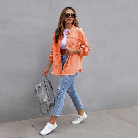 Women's Distressed Denim Jacket Oversized Frayed Hem Long Sleeve Solid Color Button Down Jean Coat for Women