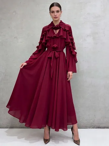 Abito Maxi da Donna in Stile Europeo Americano in Poliestere a Strati con Volant Elegante Abito da Festa Patchwork in Pizzo a Maniche Lunghe