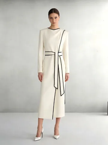 Vestido Midi Estilo Francés con Dobladillo Irregular Elegante Manga Larga Patchwork Lazo Cintura Color Sólido Poliéster Mujer