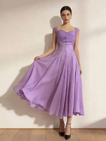 Women Elegant Pleated Splicing Midi Dress Niche Design Sweetheart Neckline Slim Fit A-Line Casual Evening Dress Apparel