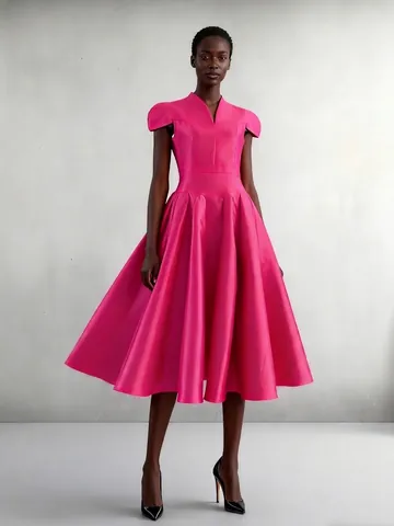 Women Elegant V-Neck Petal Sleeve Acetate Satin Evening Gown Puffy Prom Dress High Waist A-Line Party Cocktail Midi Dress