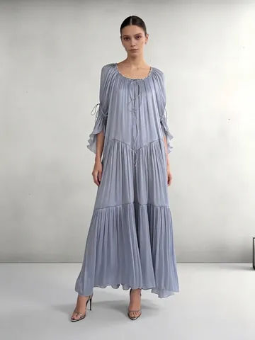 Women Pleated Maxi Dress Elegant Artificial Pearl Neck Tie-Front Patchwork Ruffle Long Sleeve Dress Solid Color Party Evening Gown
