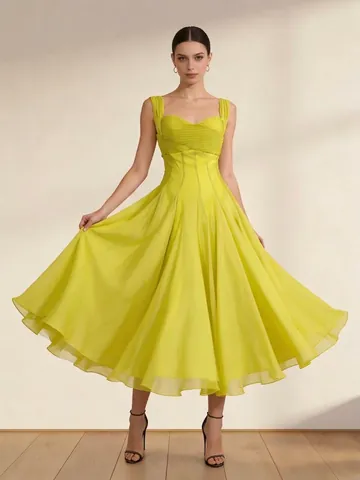 Women Elegant Pleated Splicing Midi Dress Niche Design Sweetheart Neckline Slim Fit A-Line Casual Evening Dress Apparel