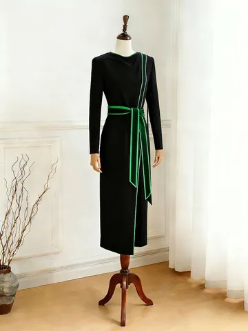 Vestido Midi Estilo Francés con Dobladillo Irregular Elegante Manga Larga Patchwork Lazo Cintura Color Sólido Poliéster Mujer