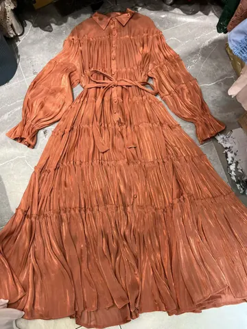 Women Elegant Mercerized Pleated Maxi Dress Shirt Collar Long Sleeve Tie Waist Tiered Cake Skirt Solid Color Evening Party Dress
