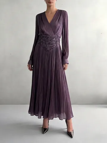 Women Elegant V Neck Pleated Tulle Patchwork Maxi Dress Beaded Long Sleeve Polyester Evening Party Swing Hem Long Gown