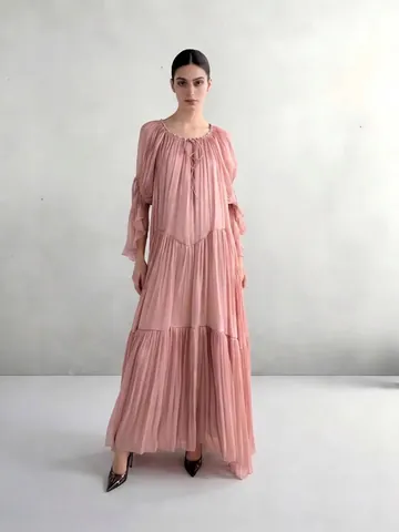 Women Pleated Maxi Dress Elegant Artificial Pearl Neck Tie-Front Patchwork Ruffle Long Sleeve Dress Solid Color Party Evening Gown