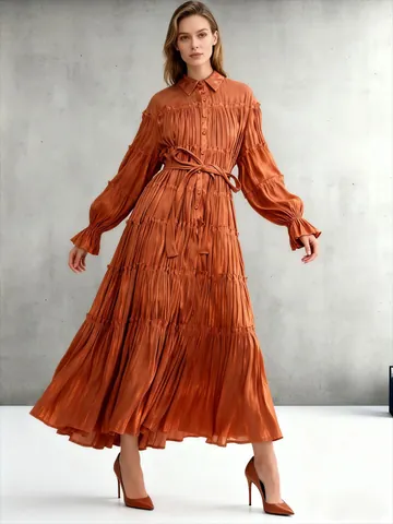 Women Elegant Mercerized Pleated Maxi Dress Shirt Collar Long Sleeve Tie Waist Tiered Cake Skirt Solid Color Evening Party Dress