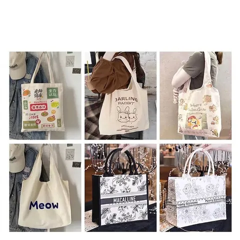 Casual Canvas Tote Bag Eco-friendly Fabric Reusable Shopping Shoulder Bag For Women Daily Outings Printed Pattern Canvas Bag