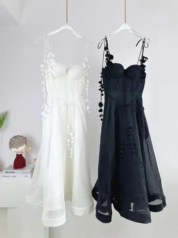 Robe Caraco en Coton et Lin Brodé pour Femmes Décoration Pétale 3D Taille Haute Slim Midi trapèze Robe de Plage
