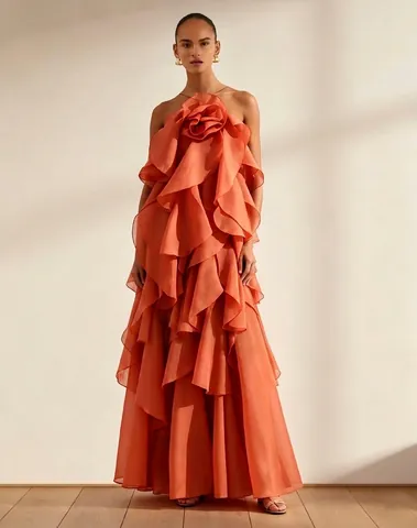 French Elegant 3D Floral Ruffle Irregular Maxi Dress Women Sleeveless Halter Pleated Tiered Chiffon Party Beach Dress