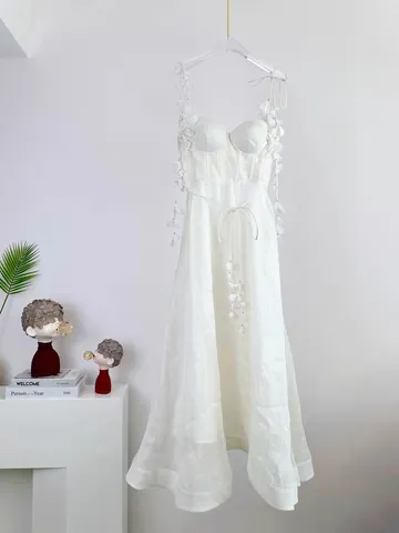 Robe Caraco en Coton et Lin Brodé pour Femmes Décoration Pétale 3D Taille Haute Slim Midi trapèze Robe de Plage