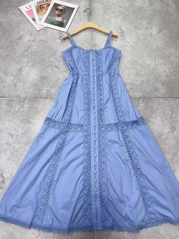 Vestito Donna Retrò Francese in Pizzo Traforato Cami Elegante Tinta Unita Gonna a Balze Senza Maniche con Bottoni in Cotone Lino