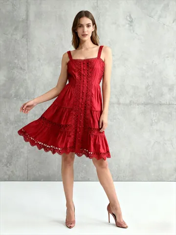 Vestito Donna Retrò Francese in Pizzo Traforato Cami Elegante Tinta Unita Gonna a Balze Senza Maniche con Bottoni in Cotone Lino