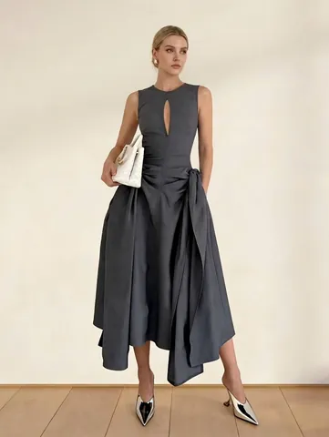 Abito Midi Da Donna Elegante Con Intagli E Pieghe Senza Maniche Tinta Unita Orlo Irregolare Abito Lungo Slim Fit Da Festa