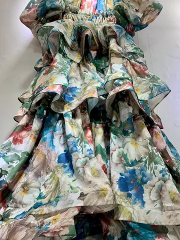 French Retro Palace Style Tiered Cake Dress Women Puff Sleeve High Waist Floral Polka Dot Printed Polyester Elegant Midi Dress