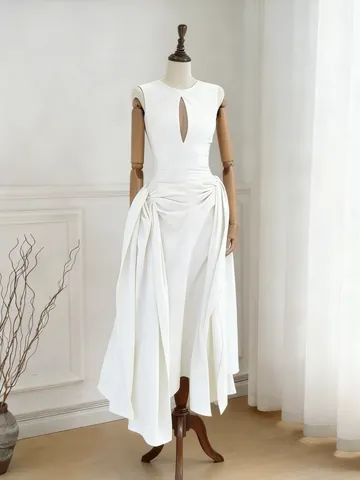 Abito Midi Da Donna Elegante Con Intagli E Pieghe Senza Maniche Tinta Unita Orlo Irregolare Abito Lungo Slim Fit Da Festa