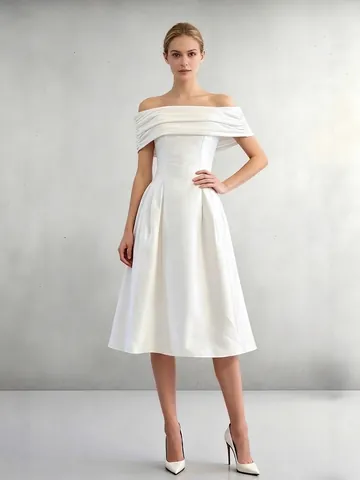 Elegante Off-Shoulder Midi-Jurk Franse Hepburn-Stijl A-Lijn Pof Gala-Jurk Voor Dames Elegante Satijnen Feestjurk