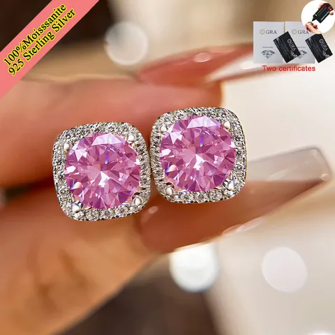 Pendientes de Botón de Moissanita Rosa Cerezo Cuadrada Certificados GRA Plata de Ley 925 Diamantes de Imitación Boda