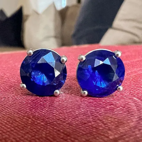 Königsblau Synthetischer Korund Ohrstecker 925 Sterlingsilber 18K Vergoldet Rundschliff Saphir Farbe Ohrringe Schmuck
