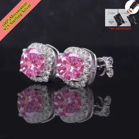 Pendientes de Botón de Moissanita Rosa Cerezo Cuadrada Certificados GRA Plata de Ley 925 Diamantes de Imitación Boda