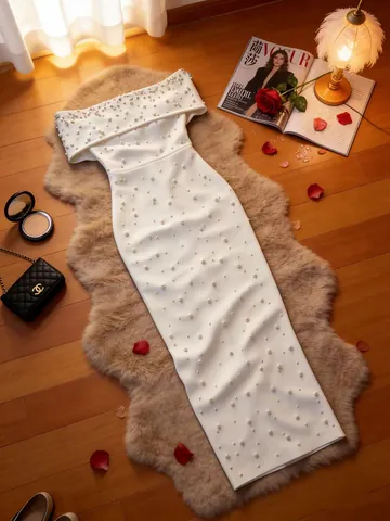 Sexy Off The Shoulder Bandage Dress Women Heavy Beadwork Artificial Pearl Bodycon Evening Party Long Dress Slim Formal Gown